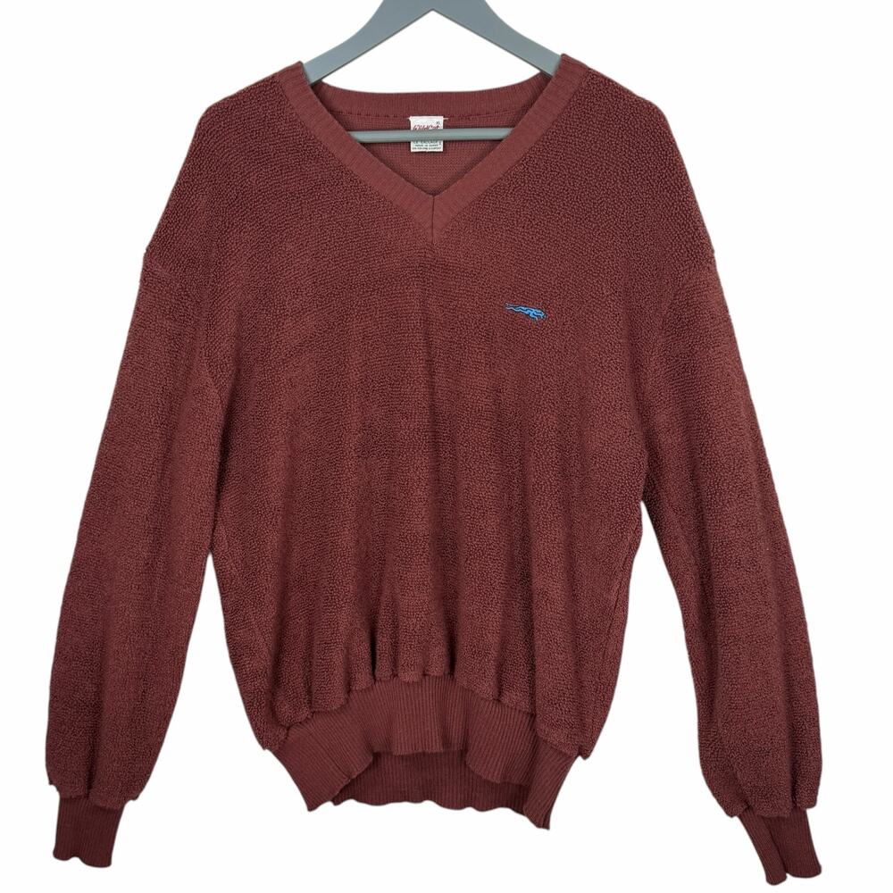 Vintage Grandpa Sweater Boucle Terry Mens XL Wildcat Le Sauvage Vneck 80s Brown